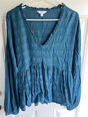 Teal boho long sleeve ruffled blouse